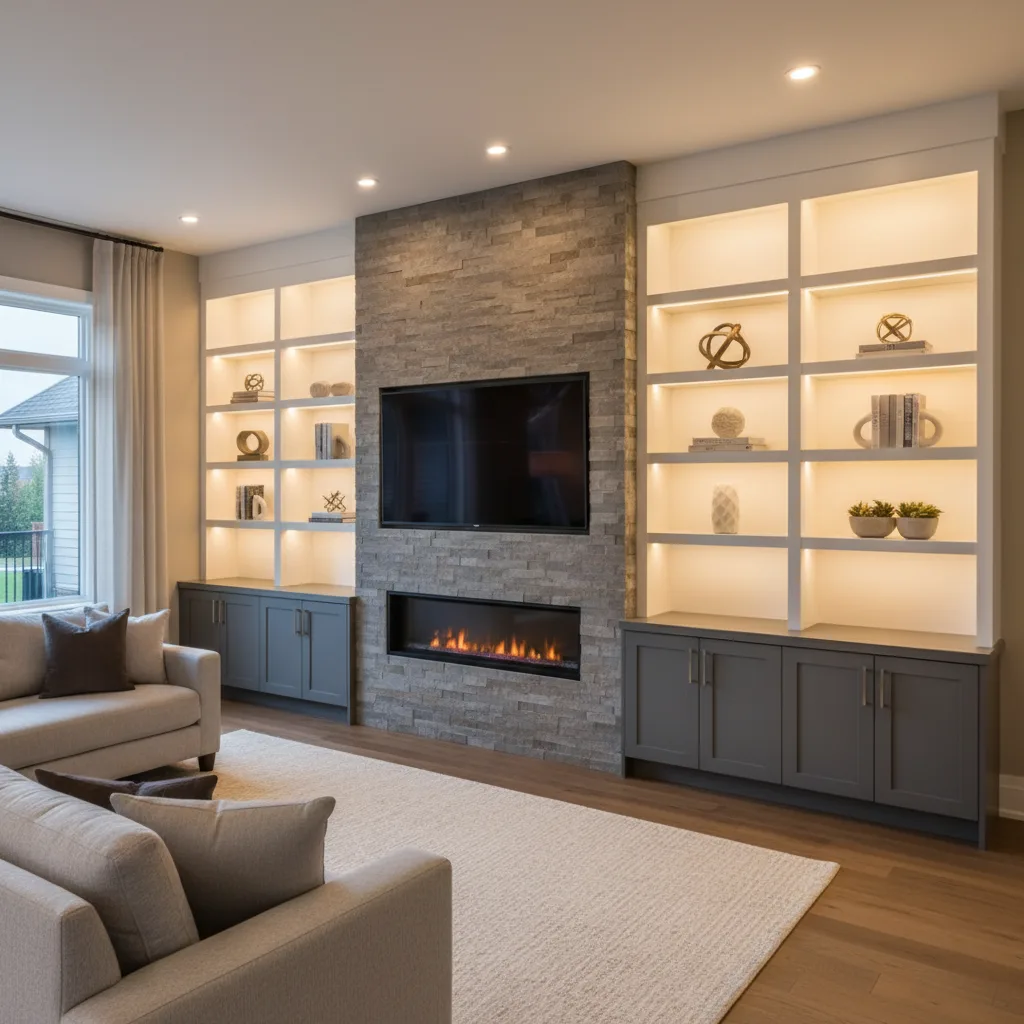 Markham Family Room Media Wall - custom cabinetry by Custom Cabinets Brampton